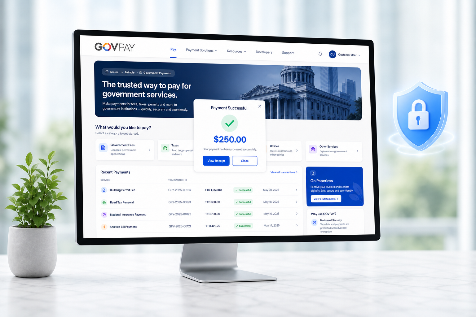 GOVPAY customer dashboard on desktop — payment success screen